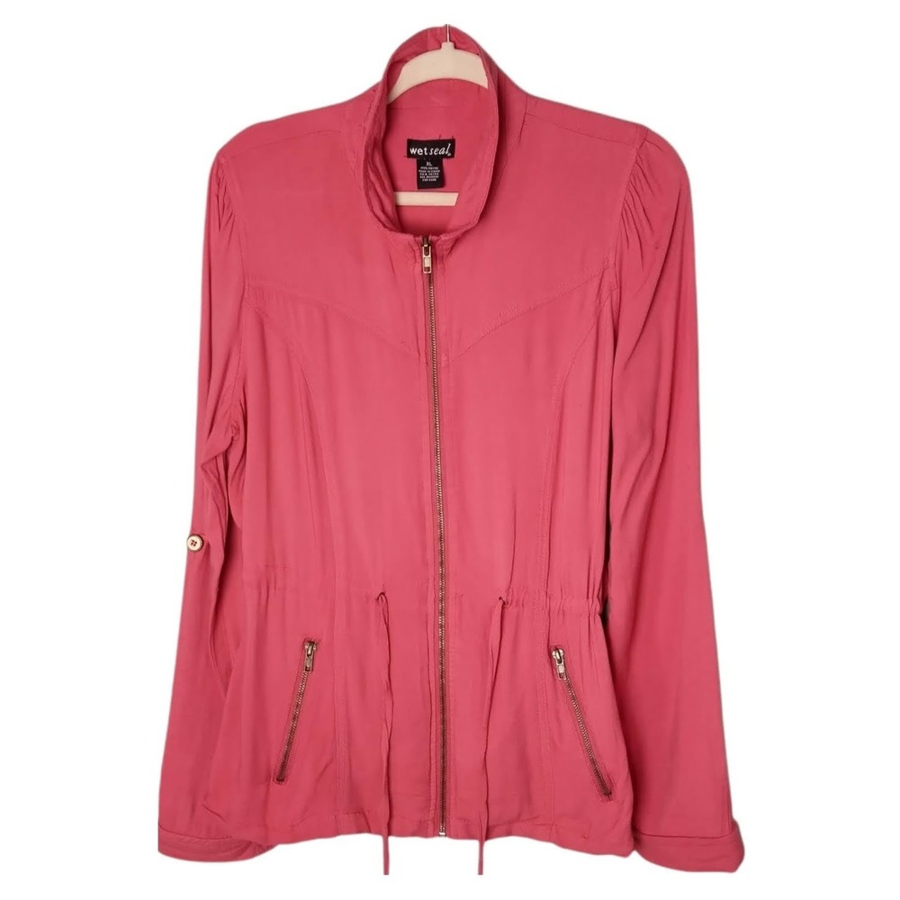 WET SEAL Womens XL Pink Utility Jacket Full Zip Front Drawstring Waist Pockets
